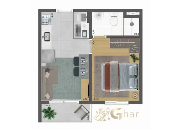 Planta do apartamento de 1 dormitório com 26,85 m² no Plano&Nova Espraiada Campo Belo