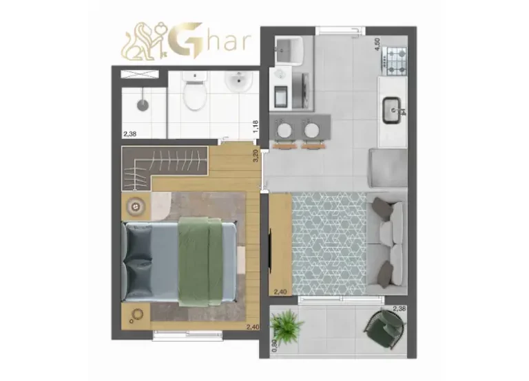 Planta do apartamento de 1 dormitório com 27,08 m² no Plano&Nova Espraiada Campo Belo