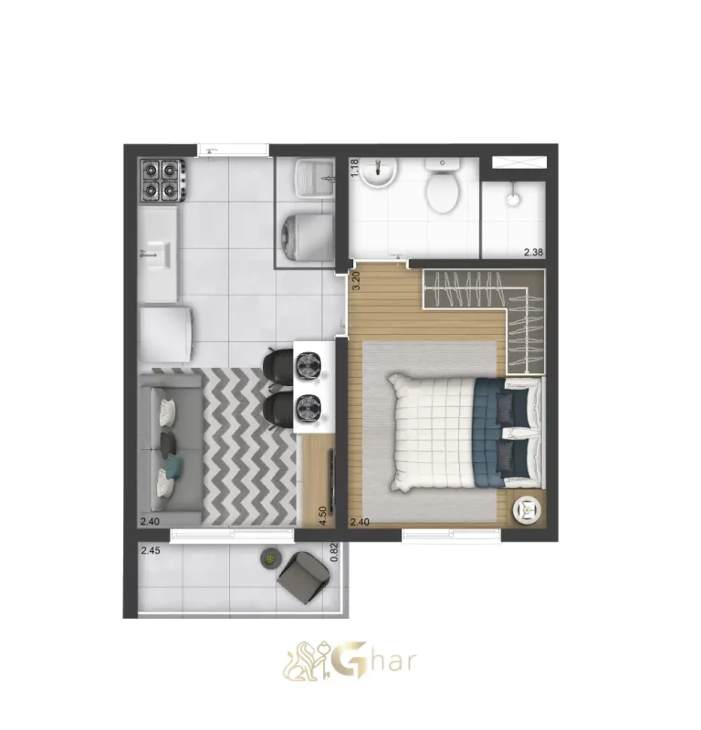 Planta de apartamento 1 dormitório térreo tipo 03 do Plano&Park Santo Amaro
