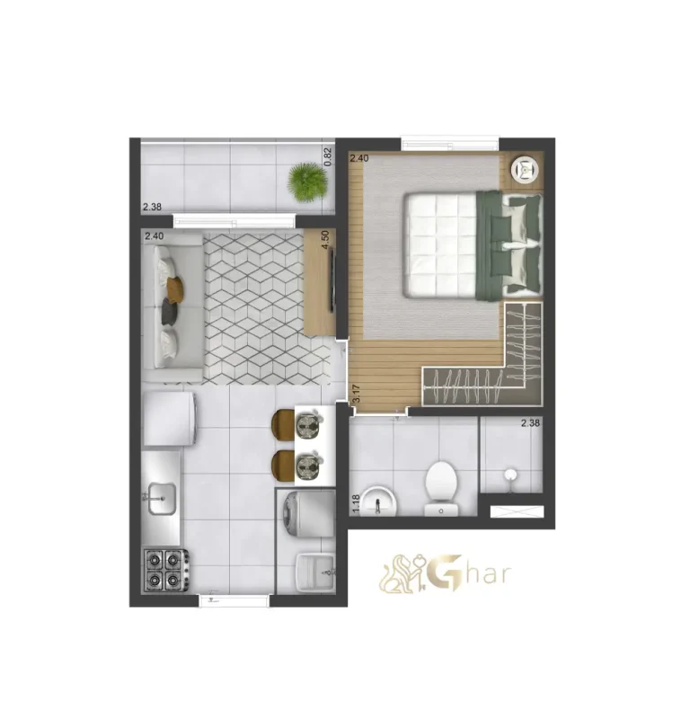 Planta de apartamento 1 dormitório térreo tipo 08 do Plano&Park Santo Amaro