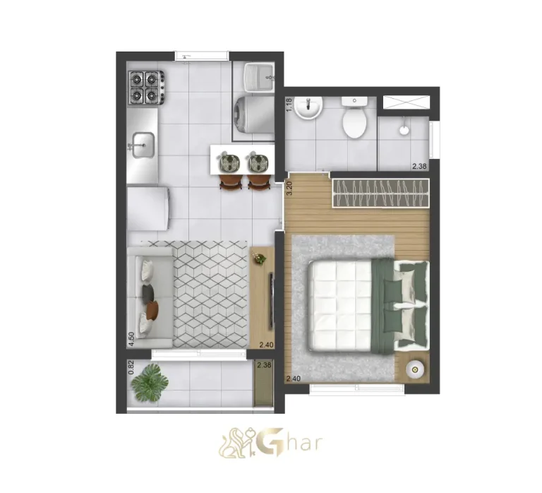 Planta de apartamento 1 dormitório tipo 10 do Plano&Park Santo Amaro