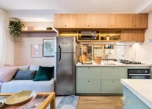 Sala integrada com cozinha no decorado Plano&Parque Nabuco Sabiá Cupecê
