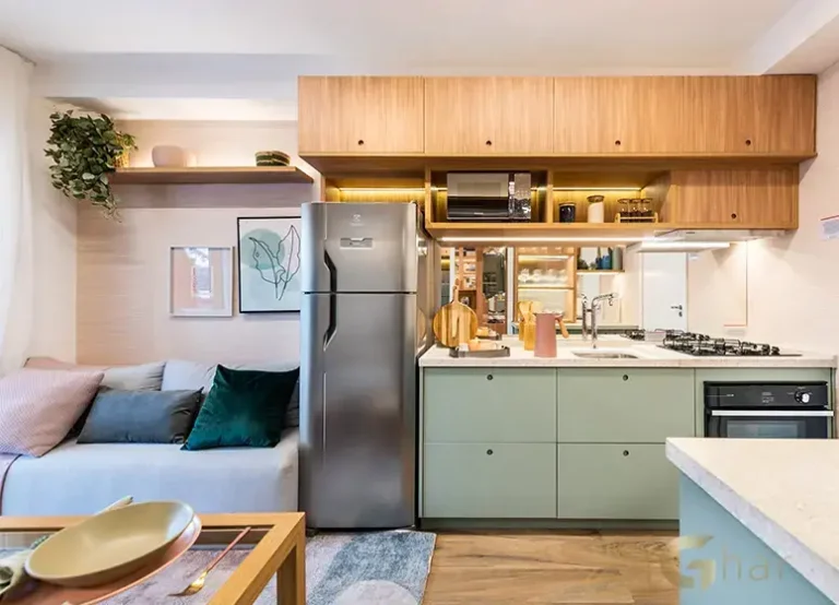 Sala integrada com cozinha no decorado Plano&Parque Nabuco Sabiá Cupecê