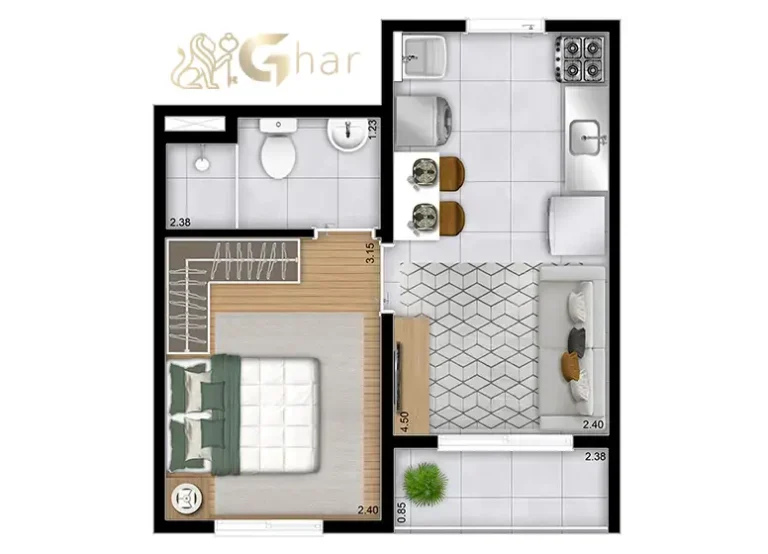 Planta apartamento 1 dormitório 27m² Plano&Parque Nabuco Sabiá Cupecê
