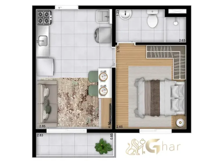 Planta apartamento 1 dormitório 30m² Plano&Parque Nabuco Sabiá Cupecê