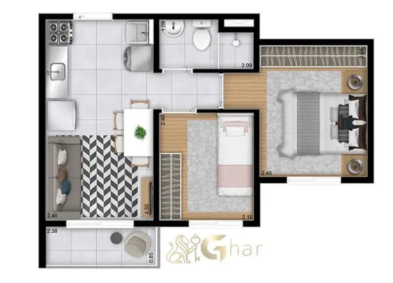 Planta apartamento 2 dormitórios 33m² no Plano&Parque Nabuco Sabiá Cupecê