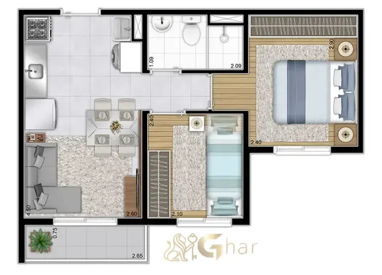 Planta apartamento 2 dormitórios 34,54m² no Plano&Rio Bonito Socorro