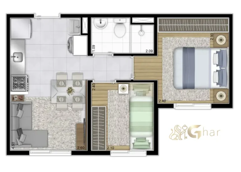 Planta Apartamento 2 Dormitórios 32,36m² Plano&Sacomã Sacomã