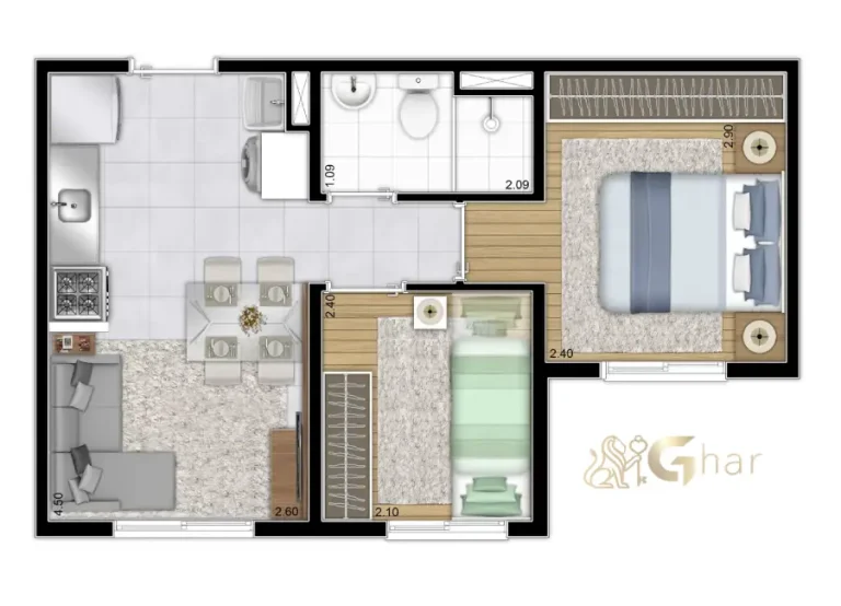 Planta 2 Dorms 32,39m² Condomínio Antônio Gomes II Plano&Sacomã