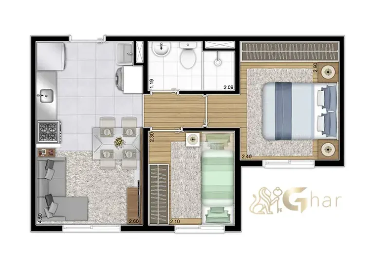 Planta Apartamento 2 Dormitórios 32,39m² Plano&Sacomã Sacomã