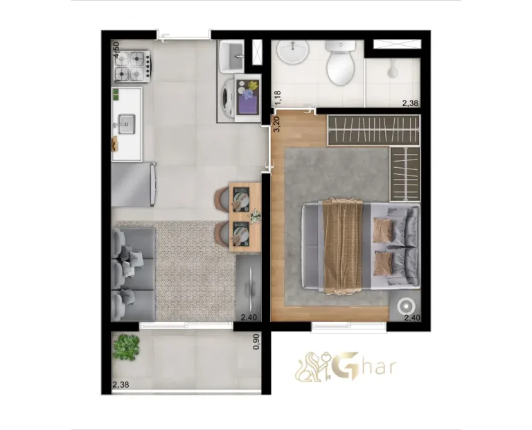 Planta apartamento 1 dormitório 35m2 Plano&Vila Leopoldina Sebastião Bach
