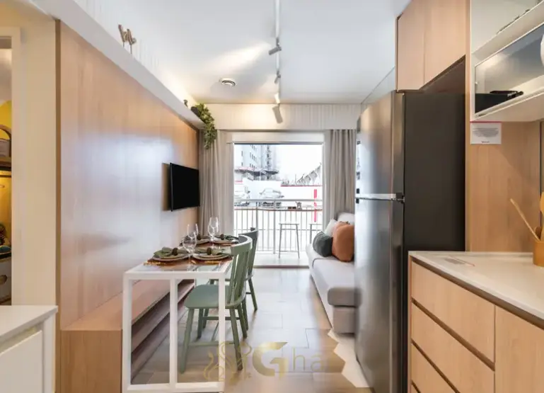 Sala de jantar e estar com terraço do apartamento decorado no Plano&Vista Cantareira
