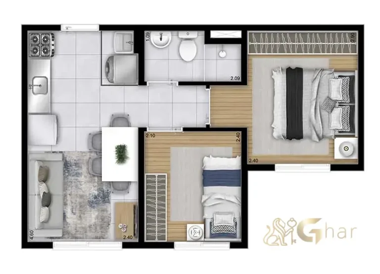 Planta do apartamento de 2 dormitórios do Plano&Vista Cantareira, com 34,40 m², apresentando distribuição funcional dos ambientes, integração entre sala e cozinha e excelente aproveitamento de espaço.