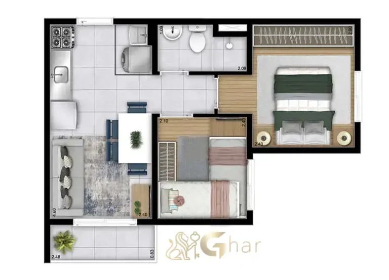 Planta do apartamento de 2 dormitórios com 34,06 m² no Plano&Vista Cantareira