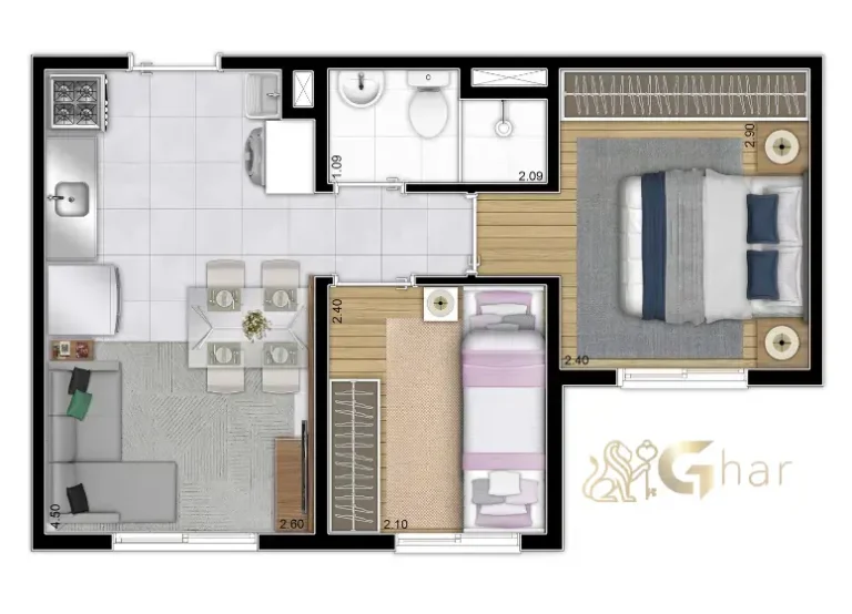 Planta apartamento 2 dormitórios 32,59m² Portal Pacaembu Barra Funda