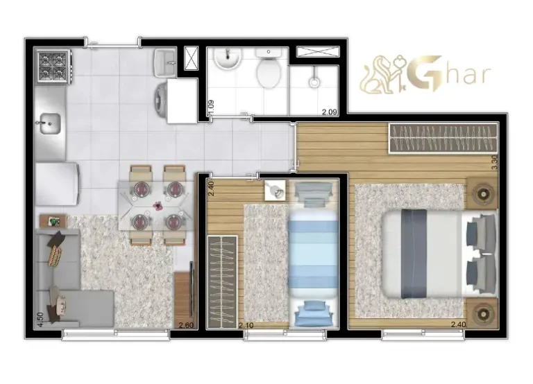 Planta apartamento 2 dormitórios 32,93m² Portal Pacaembu Barra Funda