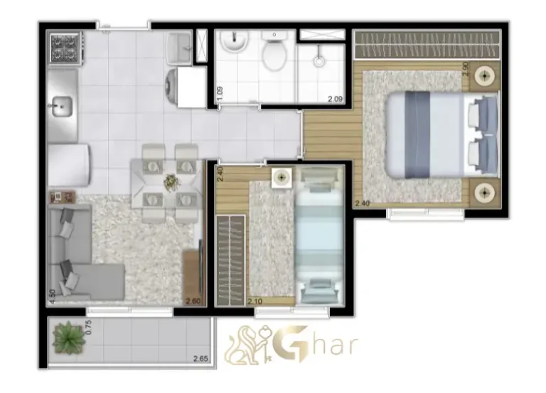 Planta apartamento 2 dormitórios 34m² e 35m² Portal Pacaembu Barra Funda