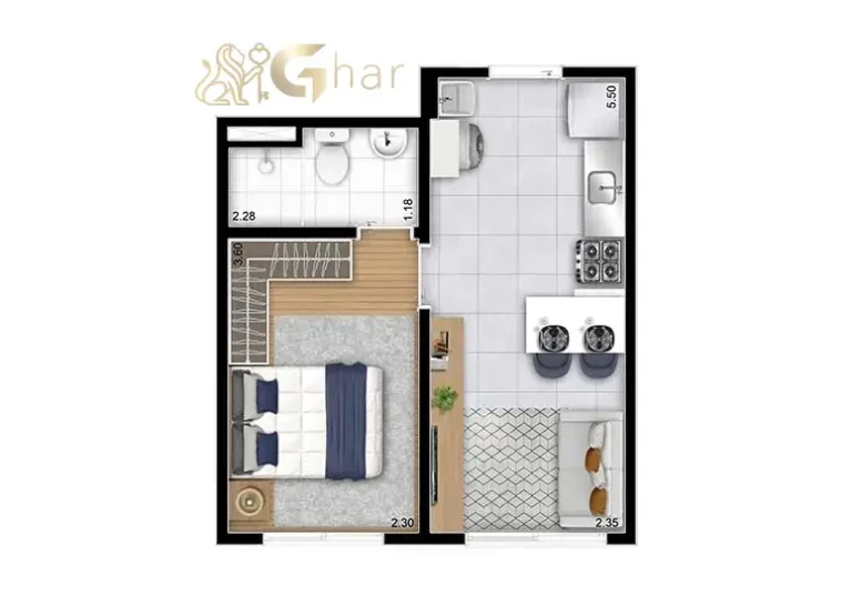 Planta de apartamento 1 dormitório de 27,61 a 27,73 m² no Portal Vista da Represa Vila Atlântica na Guarapiranga