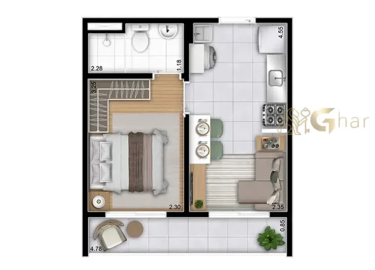 Planta de apartamento 1 dormitório de 28,64 a 29,11 m² no Portal Vista da Represa Vila Atlântica em São Paulo