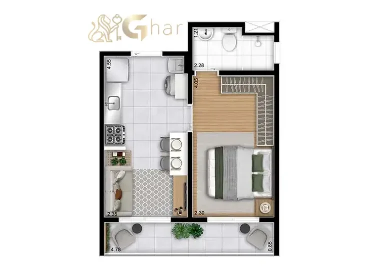 Planta de apartamento 1 dormitório de 31,13 a 31,25 m² no Portal Vista da Represa Vila Atlântica na Guarapiranga