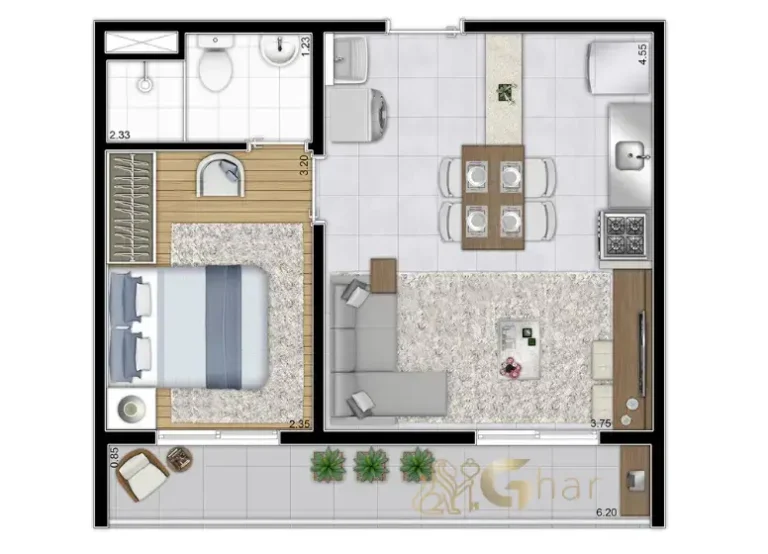 Planta de apartamento 1 dormitório de 37,53 m² no Portal Vista da Represa Vila Atlântica na Guarapiranga