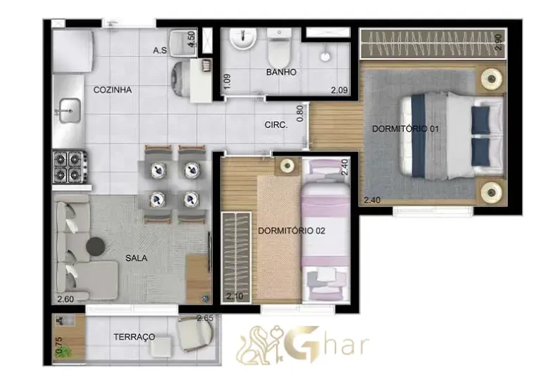 Planta apartamento 2 dormitórios 34,80m² Portal Vista da Represa Vila Guarapiranga