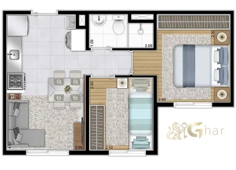 Planta apartamento 2 dormitórios 32,46m² Portal Vista da Represa Guarapiranga