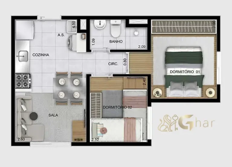 Planta apartamento 2 dormitórios 32,29m² Portal Vista da Represa Vila Guarapiranga