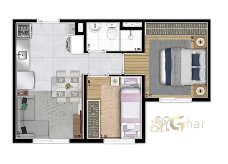 Planta de apartamento 2 dormitórios de 32 a 33 m² no Portal Vista da Represa Vila Rio Bonito, Guarapiranga
