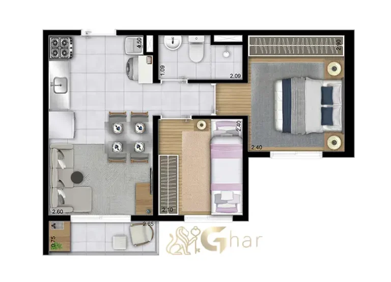 Planta de apartamento 2 dormitórios de 34 a 35 m² no Portal Vista da Represa Vila Rio Bonito em Guarapiranga