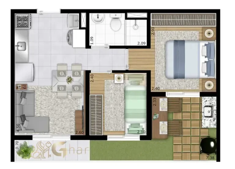 Planta giardino 2 dormitórios de 42 a 43 m² no Portal Vista da Represa Vila Rio Bonito em Guarapiranga