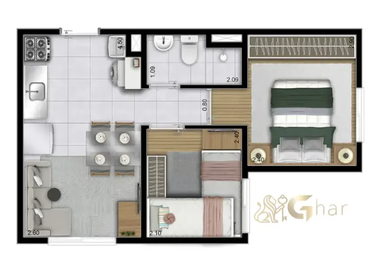 Planta de apartamento 2 dormitórios de 32 m² no Portal Vista da Represa Vila Rio Bonito, Guarapiranga