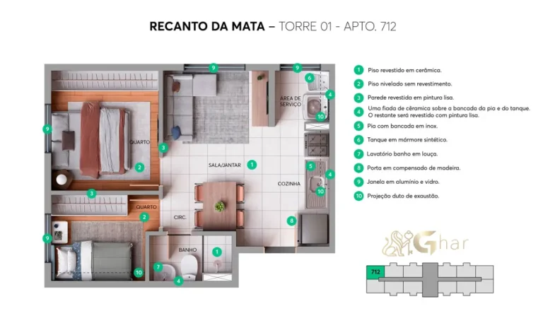 Planta apartamento Recanto da Mata torre 01 unidade 712