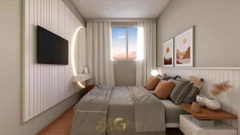 Quarto de casal do apartamento decorado no Residencial Liviero Sacomã