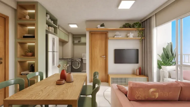 Apartamento decorado do Residencial Liviero com sala, jantar e cozinha integrados