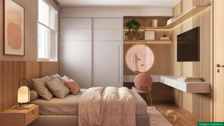 Quarto de casal do apartamento decorado no Residencial Poente das Bromélias