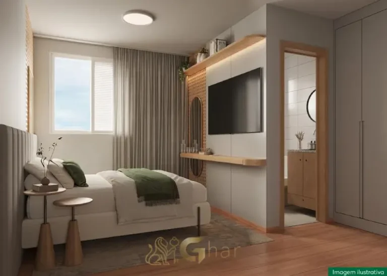 Quarto de casal suíte do apartamento decorado no Residencial Poente das Bromélias