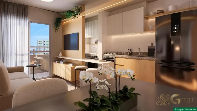 Sala integrada com cozinha no apartamento decorado do Residencial Poente das Bromélias