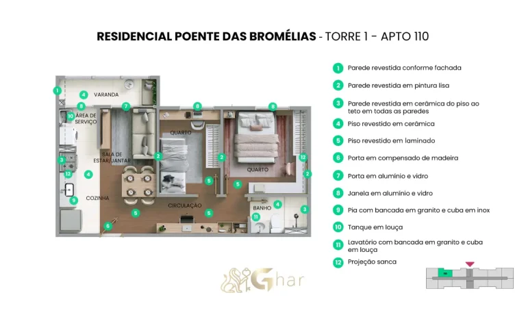 Planta do apartamento torre 01 unidade 110 do Residencial Poente das Bromélias em Pirituba