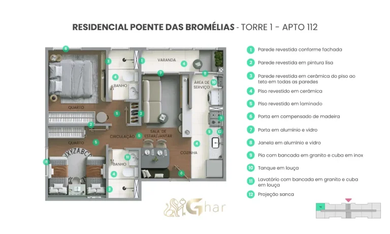 Planta do apartamento torre 01 unidade 112 do Residencial Poente das Bromélias em Pirituba