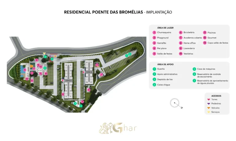 Planta de implantação do térreo e áreas de lazer do Residencial Poente das Bromélias