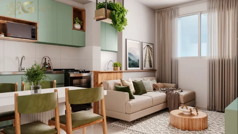 Sala de estar, jantar e cozinha integradas do apartamento decorado do Residencial Poente das Orquídeas em Pirituba