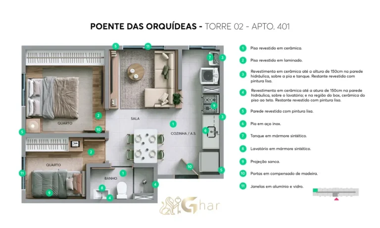Planta do apartamento Torre 02 Apto 401 do Residencial Poente das Orquídeas em Pirituba