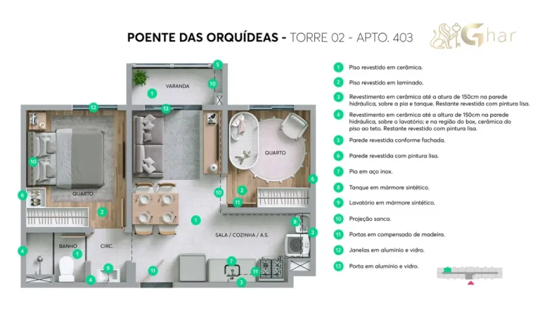 Planta do apartamento Torre 02 Apto 403 do Residencial Poente das Orquídeas em Pirituba