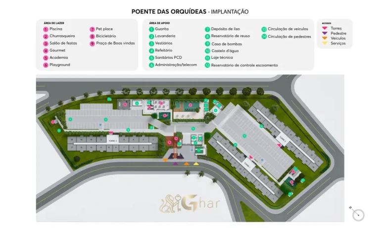Planta de implantação do térreo e lazer do Residencial Poente das Orquídeas
