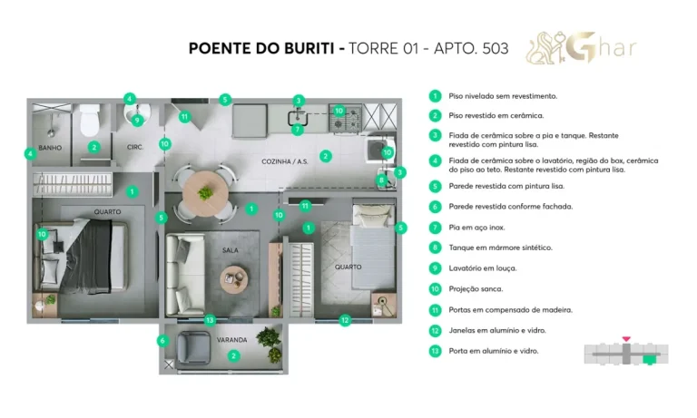 Planta do apartamento torre 01 apto 503 Residencial Poente do Buriti
