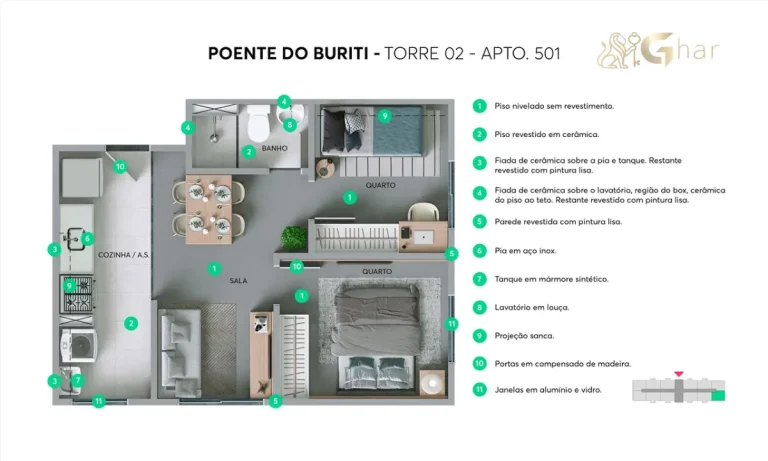 Planta do apartamento torre 02 Residencial Poente do Buriti Pirituba