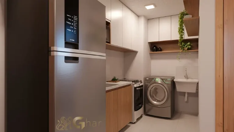 Lavanderia do apartamento decorado no Residencial Ritmos da Barra