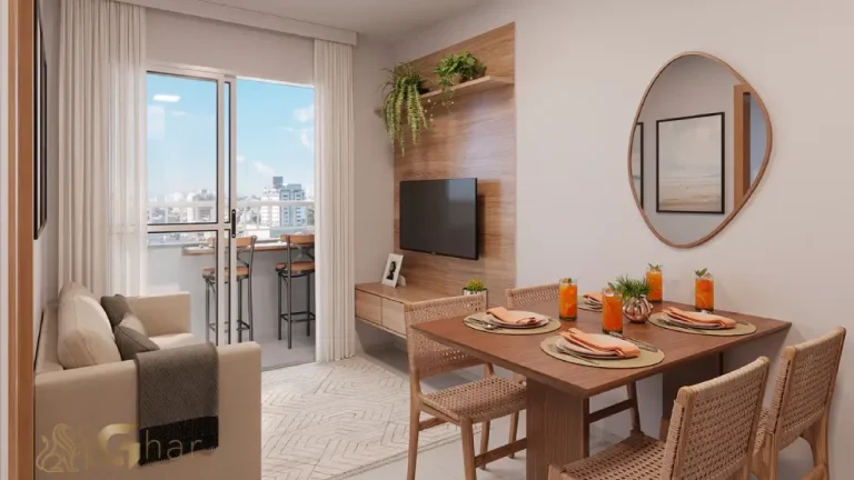 Sala de estar e jantar com varanda no apartamento decorado do Residencial Ritmos da Barra