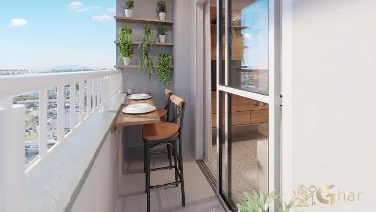 Terraço com varanda do apartamento decorado no Residencial Ritmos da Barra